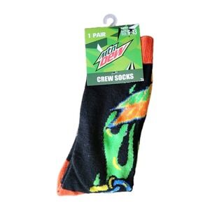 Men's Crew Socks Mountain Mtn Dew Black Multicolor Soda  Size 6-13 NWT  1 Pair